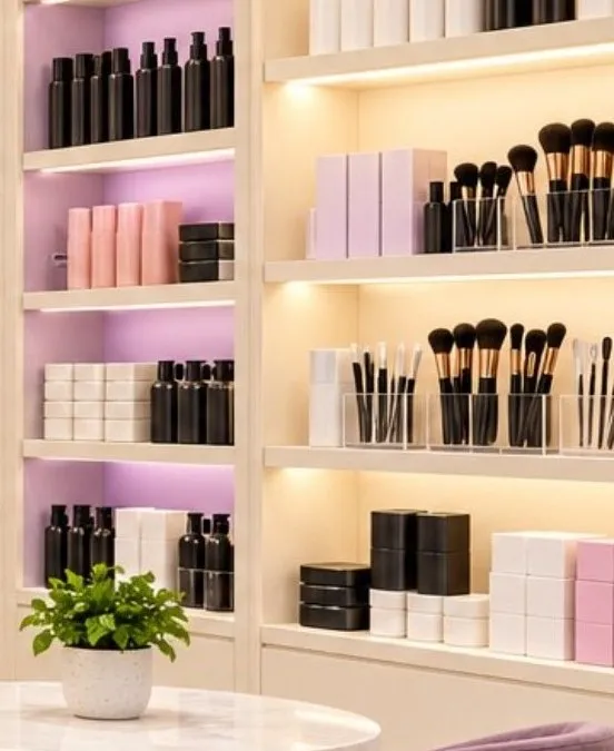 Salon shelves with professional hair products and brushes