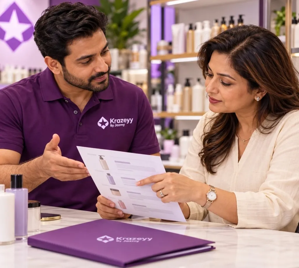 Illustration of a Krazeyy team member going through a product list with a salon owner