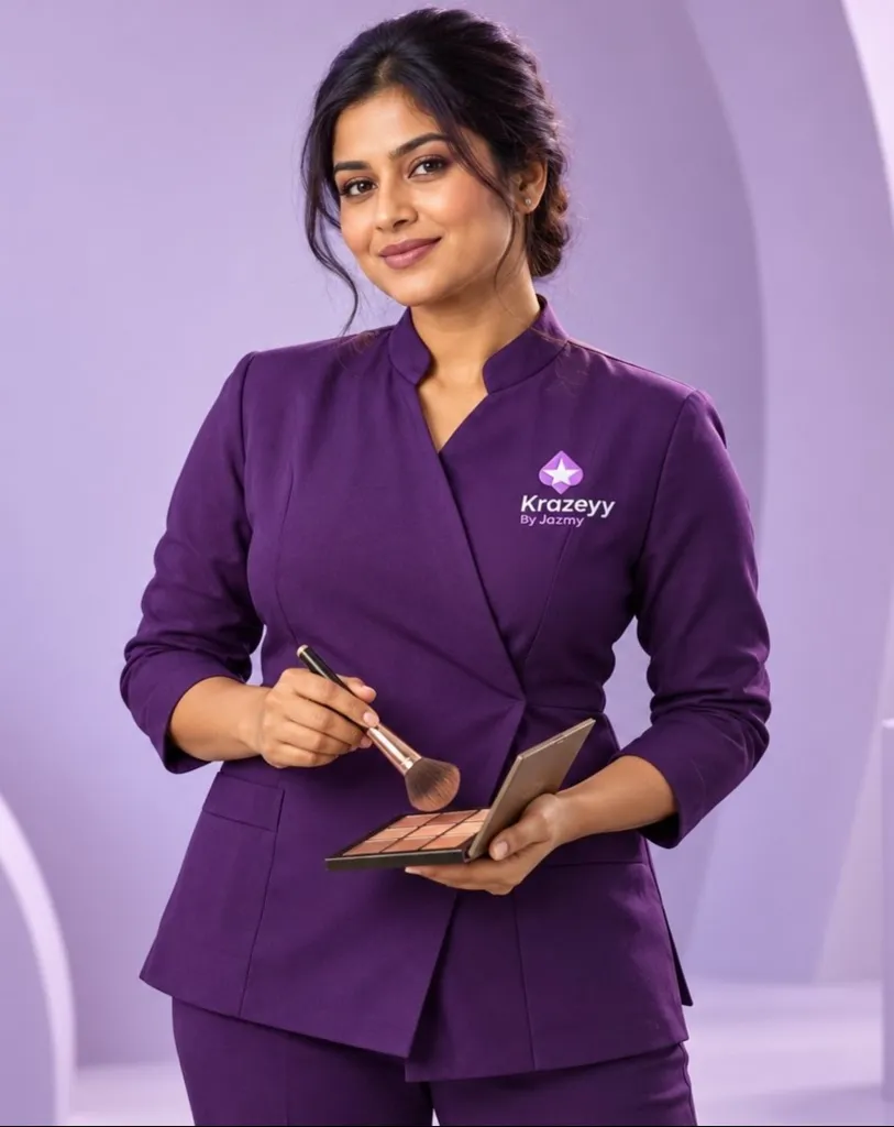 Illustration of a beauty professional in a plum Krazeyy uniform holding a makeup brush and palette