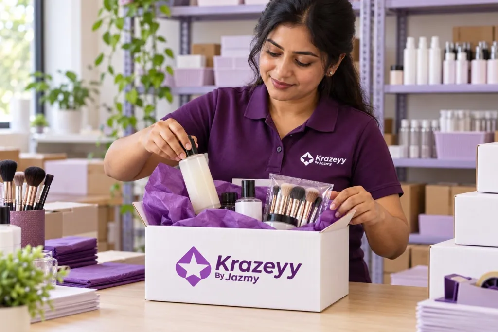 Illustration of a Krazeyy team member packing an order into a branded box