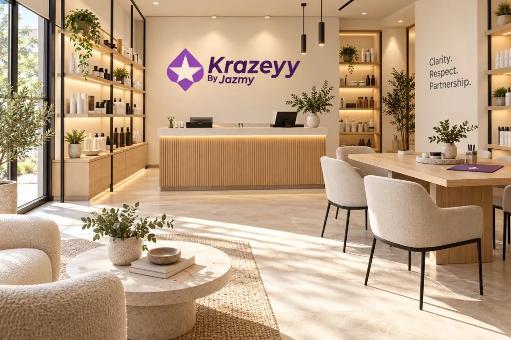 Krazeyy store interior with an oak counter and open shelving