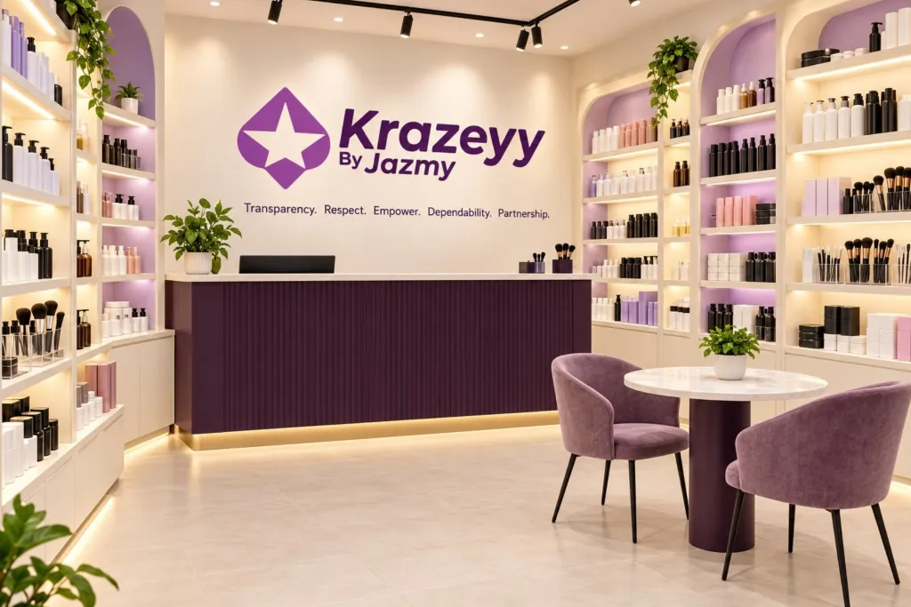 Krazeyy counter, logo wall and product shelves