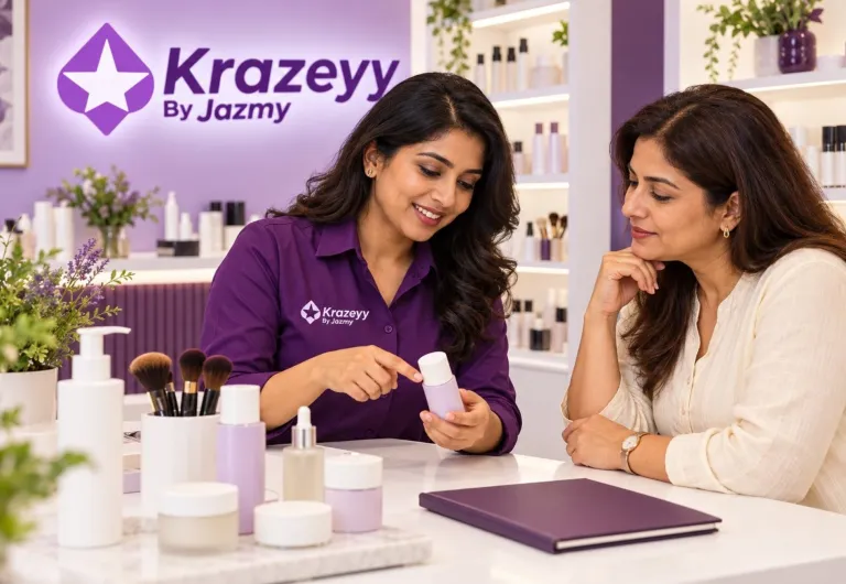 Illustration of a Krazeyy team member showing a product to a customer at the counter