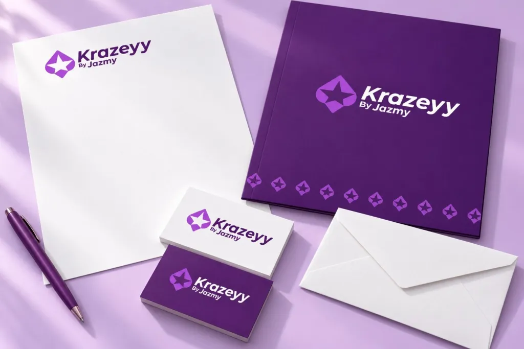 Krazeyy branded folder, business cards and letterhead