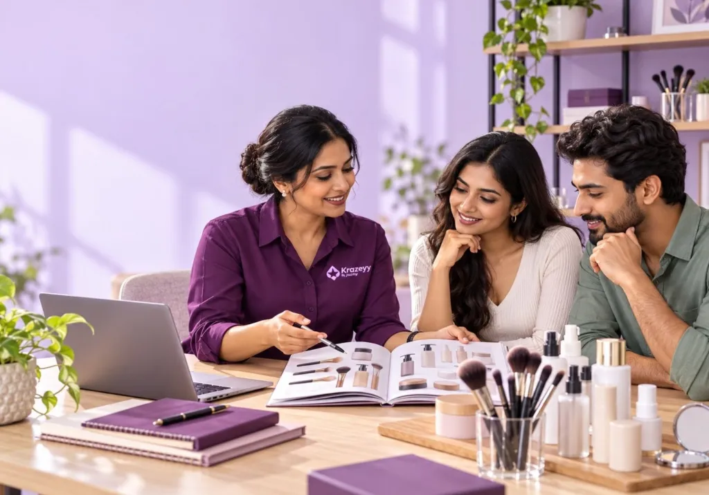 Illustration of the Krazeyy team reviewing a product catalogue with beauty professionals