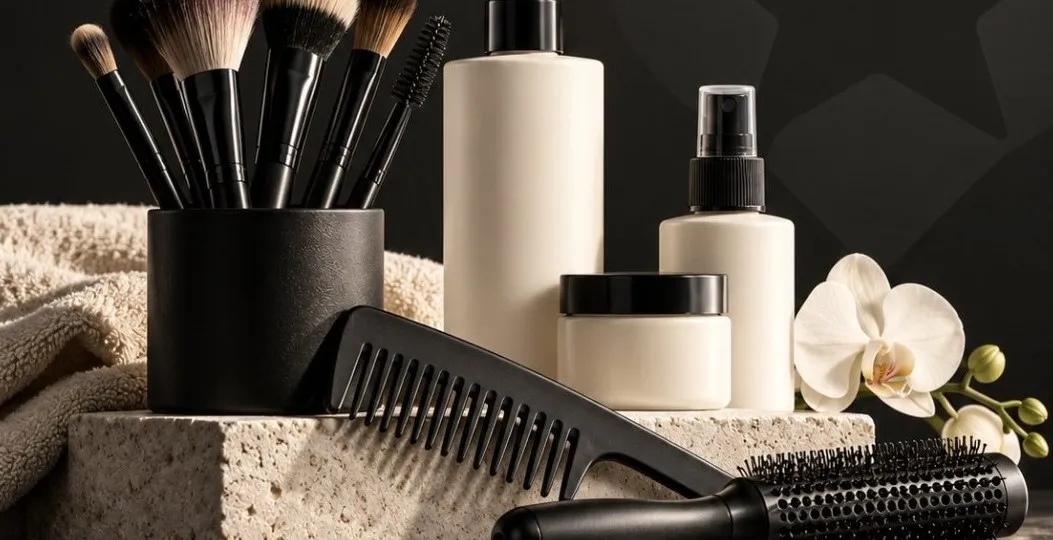 Makeup brushes, a comb and a round brush with white bottles