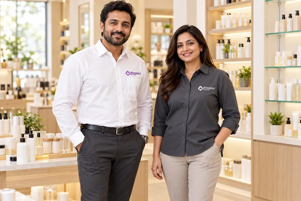 Illustration of two Krazeyy team members standing in a bright beauty store